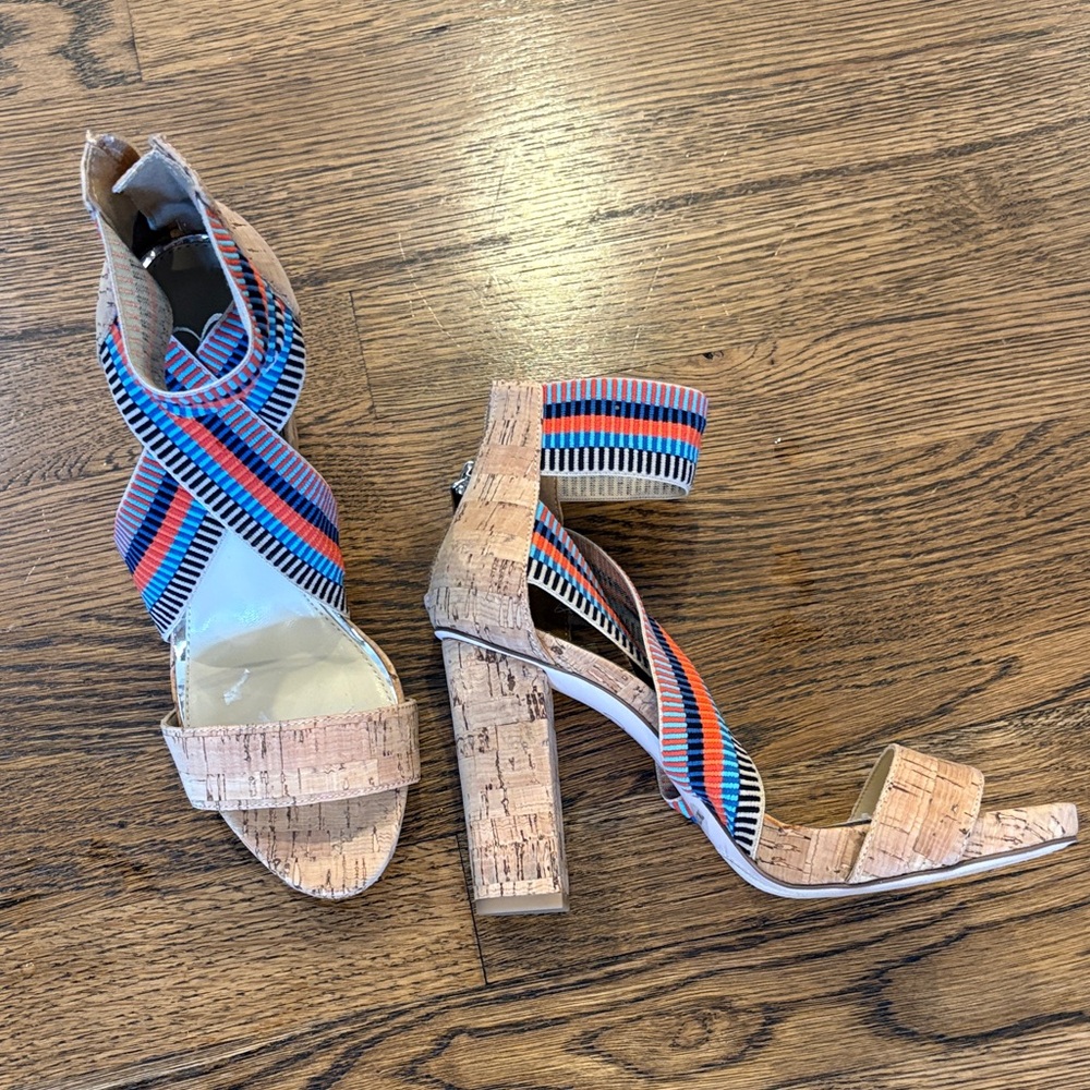 Jessica Simpson NWOB Cork Block Heel Sandals,Elastic Straps, Peach/Tan, 7